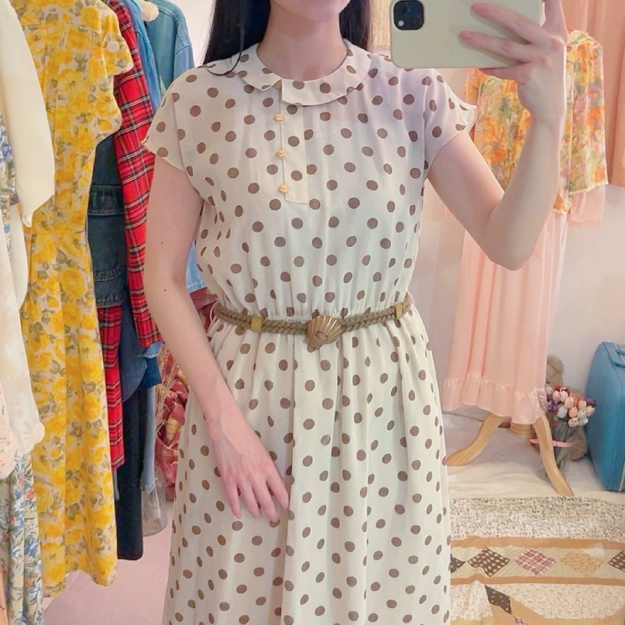 shell belt brown dot one-piece