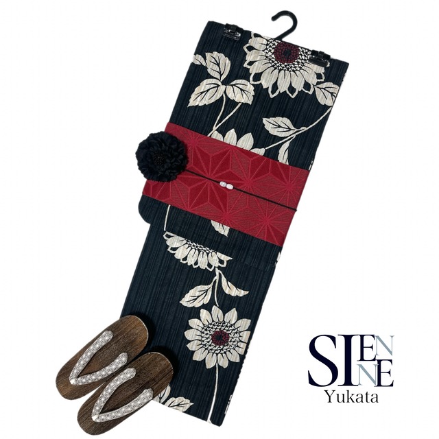 浴衣ジェンヌ 浴衣5点セット 向日葵  綿 ゆかた 半幅帯 浴衣 黒地 ひまわり 赤