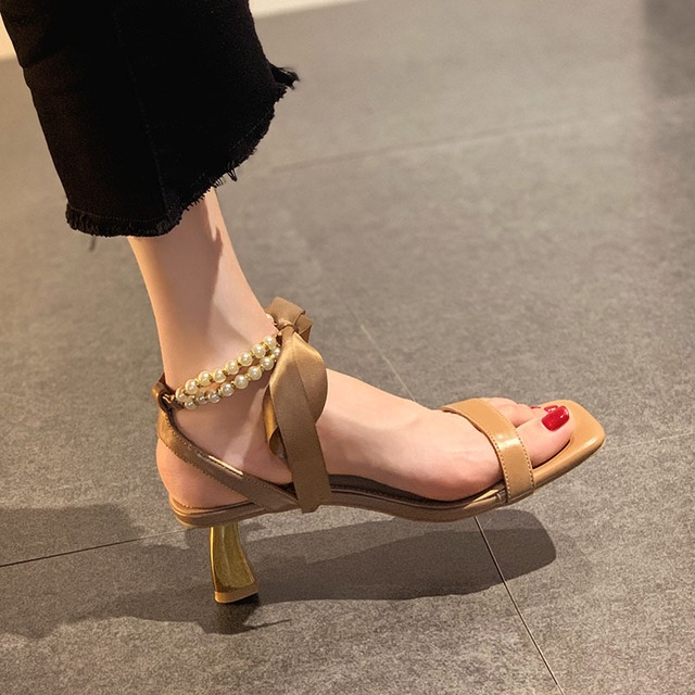 サンダルサマーパールレッドスタイルスタンダードヒール レトロ ハイヒール 靴 シューズ 夏物 真珠 フェイクシューズ3363291027