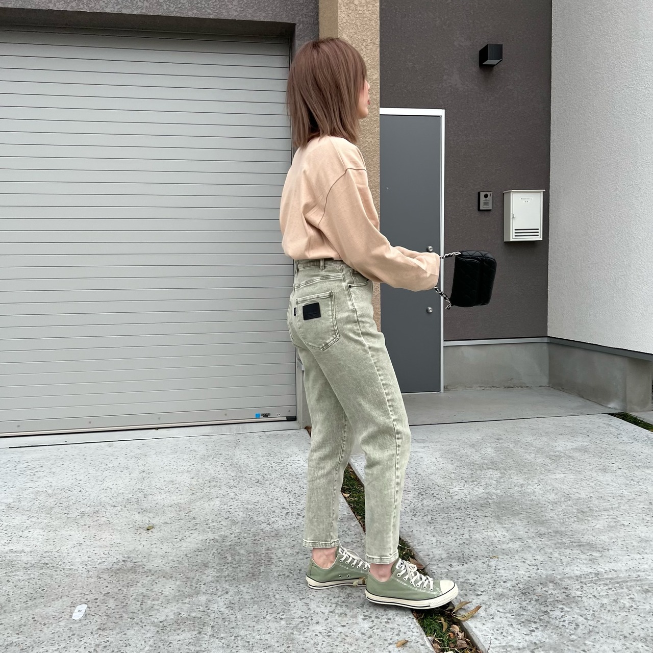 vintagewash.ハイウエストティパードストレッチdenimpt／vintage green