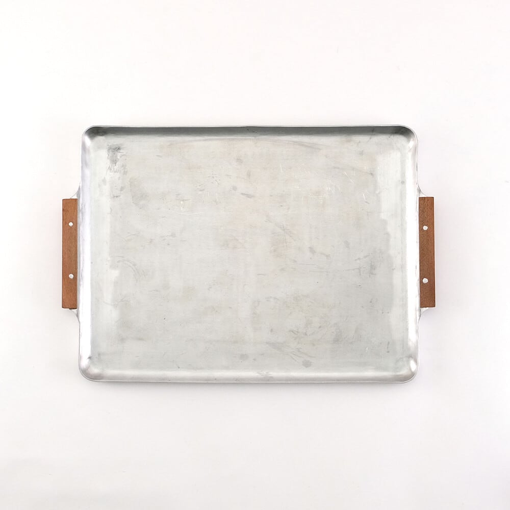木の持ち手のアルミトレー（L）／アルミトレイ おぼん 盆 レトロ 給食