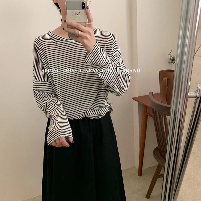 長袖スリーブTシャツ シャツ レディースサマーストライプルーズ薄手ラウンドネックトップス ロング 夏物 Oネック ビッグFスモールZ韓国87035646811