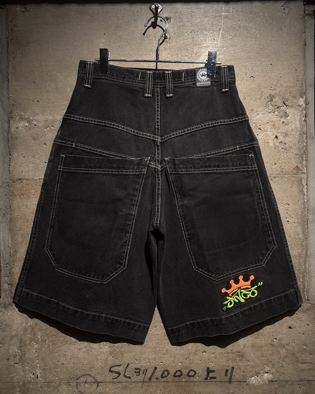 【Caka】“JNCO” Crown Logo Embroidery Vintage Black Baggy Denim Shorts