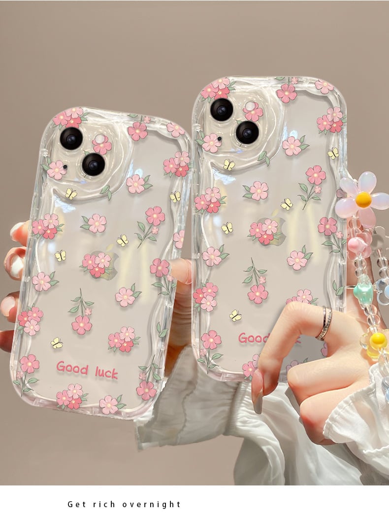 iPhone全機種対応】ピンクのお花が可憐◎透明ケース 蝶々 ウェーブ
