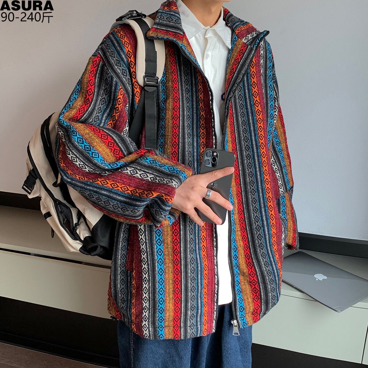 自然派ストライプジャケット カラースタイルルーズオータムスタンダード レトロ 大きめサイズ 秋物 ASURAプラスサイズメンズ89257121514