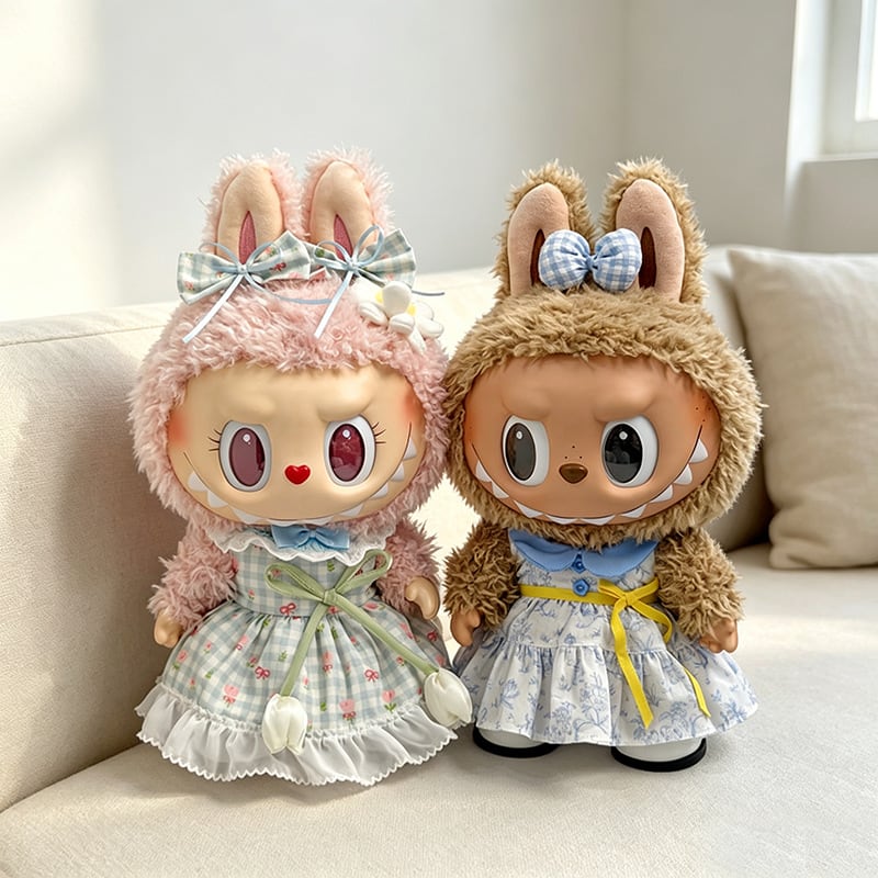 38cm labubu用 サマー チェック/リボン チューリップ柄 ワンピース+