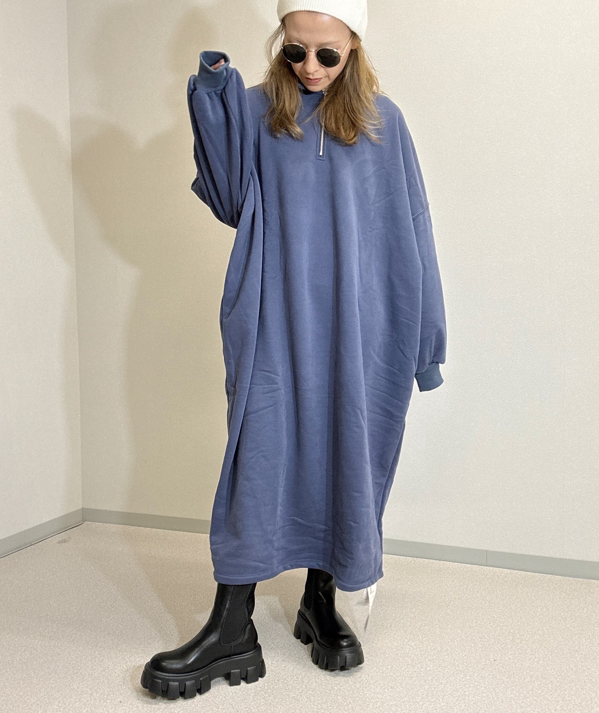 裏起毛ハーフZIPロングスエットワンピ navy | Anfang”