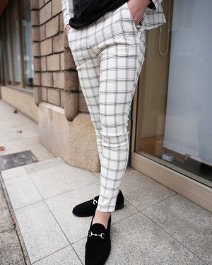 WHITE CHECK STRETCH SLACKS【BEL24-014 】