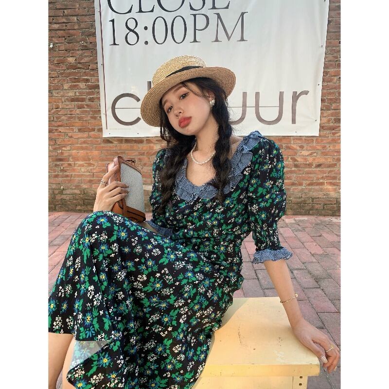 フローラルドレス レーススリットスカート サマースタンダード レトロ 大人ガーリー スウィート キュート カジュアル 夏物 花柄 ブラックストロベリース71495026823