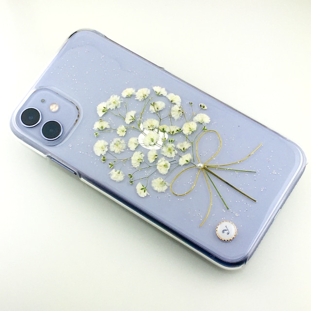 【自分で選べる！ほぼ全機種対応スマホケース❁】かすみ草ブーケの押し花スマホケース  押し花＆レジン カスミソウ　カスミ草　iPhone/Xperia/AQUOS/Galaxy等