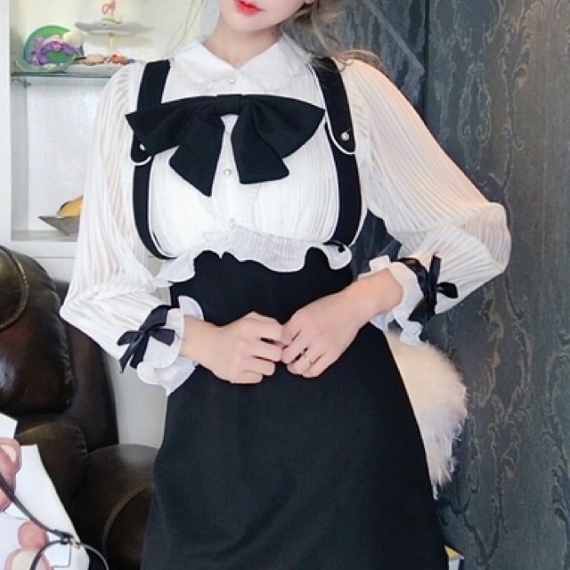 ଘ ଓ サスペンダー風ワンピース ଘ ଓ 量産型 地雷 ジャニオタ ガーリー 冬 リボンブラウス サブカル パンク Aライン Princesshyatt 量産型地雷系原宿系パンクストリートブラック韓国系厚底リュック