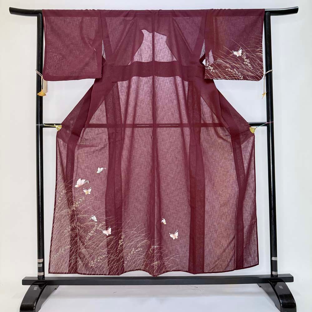 訪問着 付け下げ 絽 夏用 夏 洗える着物 礼装 ポリエステル 裄65.8cm Aランク M サイズ 小豆色 4355