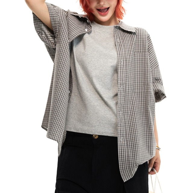 simple checkered short-sleeved shirt　カラーシンプルチェック柄半袖シャツ　J1789