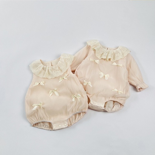ベビー 　春新作　甘い ピンク リボン レース 　ロンパース