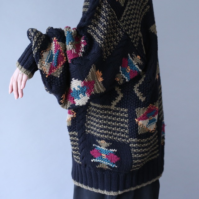 black base art pattern over silhouette cotton knit sweater