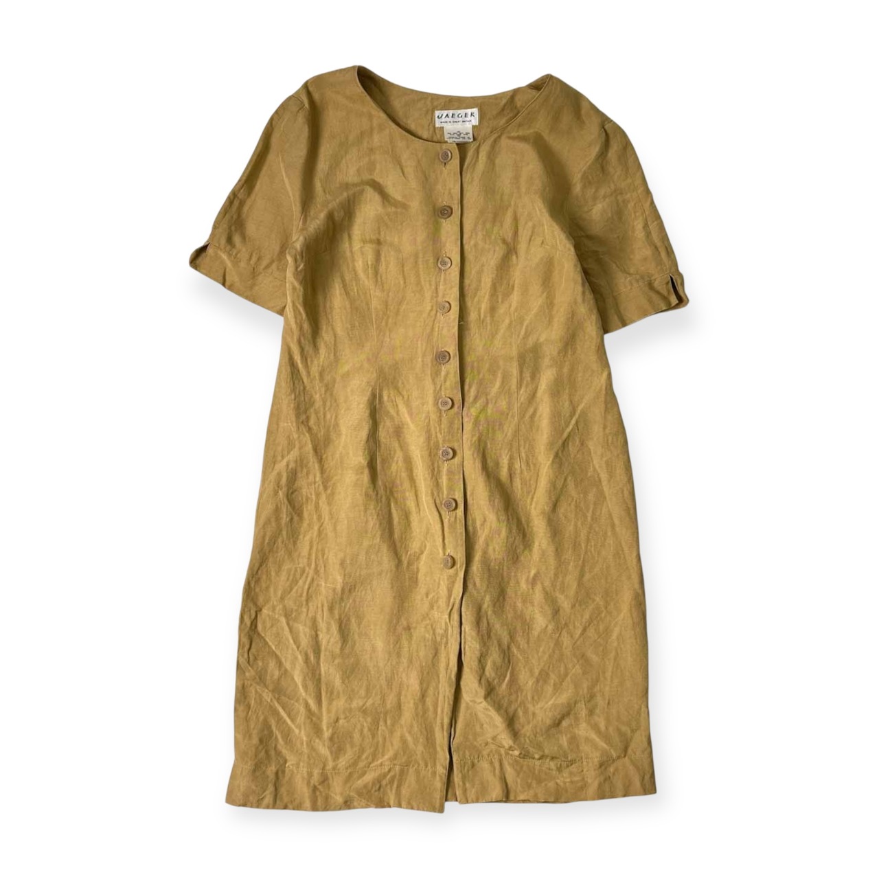 90s イングランド製 シルク リネン混 JAEGER イエーガー 半袖 ワンピース UK 12/マスタード系 レディース ビンテージ