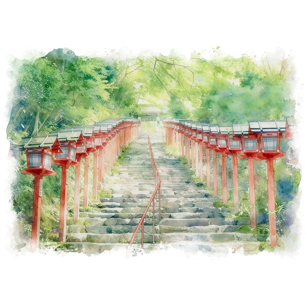 絵画(風景画) 日本 京都府 貴船神社 インテリアアート額付き 水彩画 