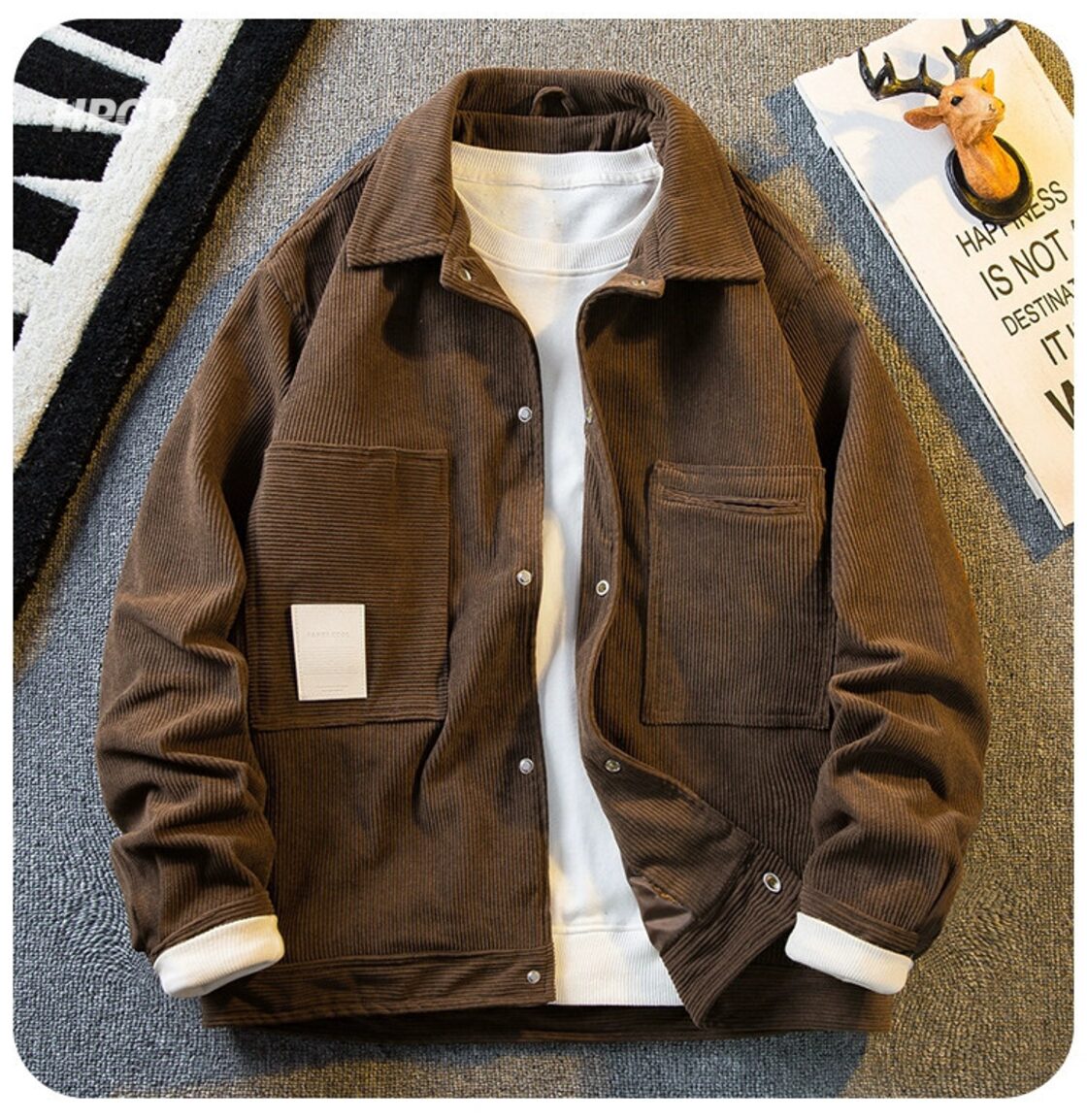 横型ファッションメイラードブラウンコーデュロイジャケットメンズ春秋 