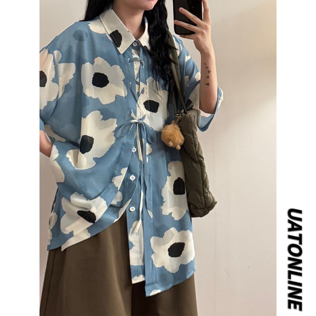 【UATONLINEシリーズ】★チャイナ風トップス★ シャツ ユニセックス レトロ 半袖 花柄 夏服 プリント ブルー 青い