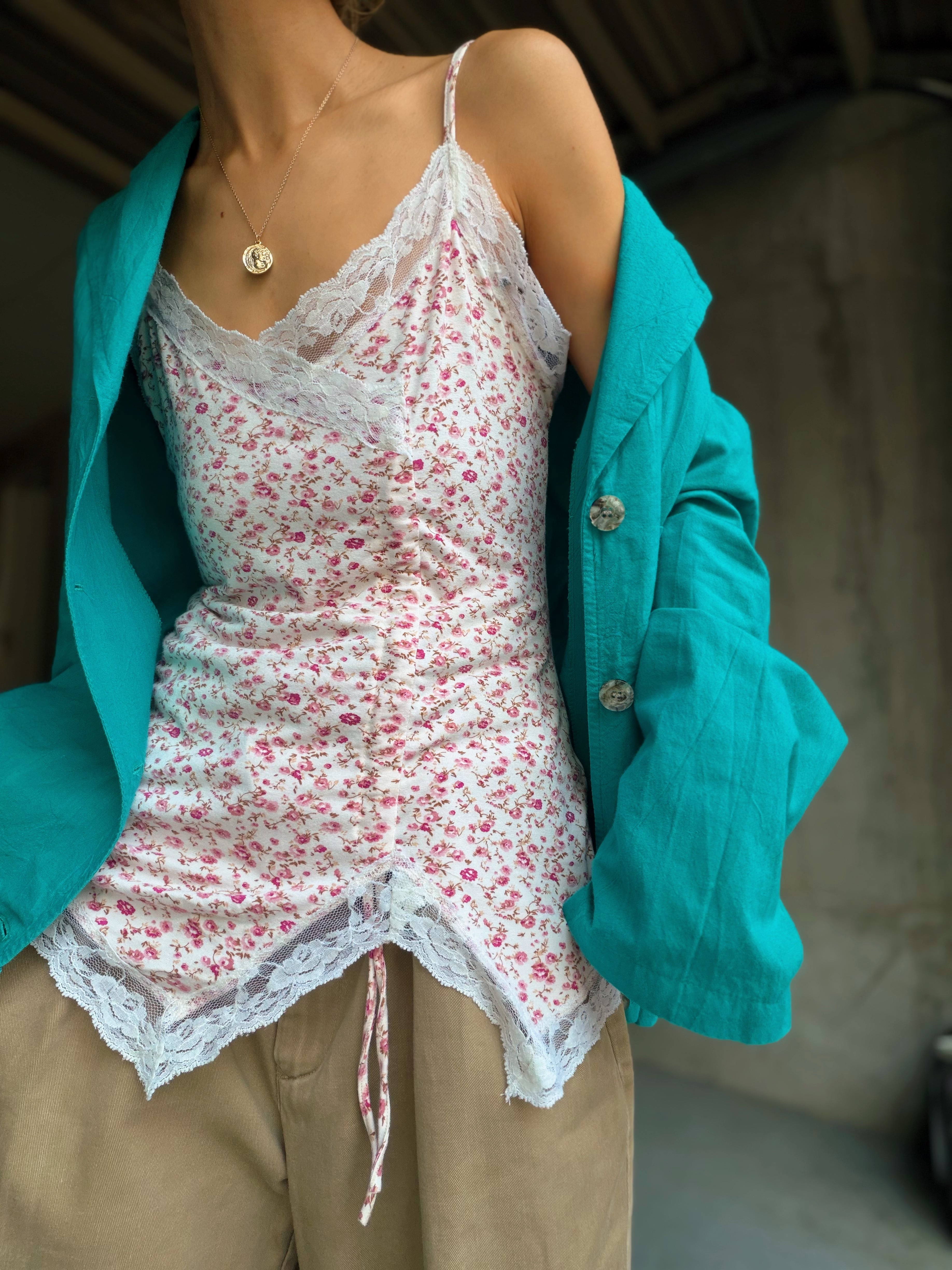 (CS2223)french floral lace drawstring gather cami made in France