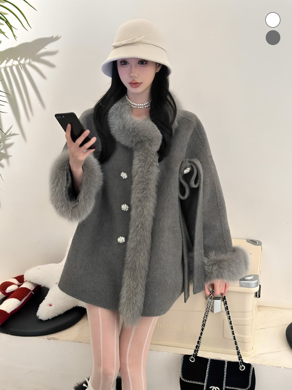 #大人可愛い|ファーマフラースカーフアセンブルリボンビジューミドルロングコート|Atelier Item