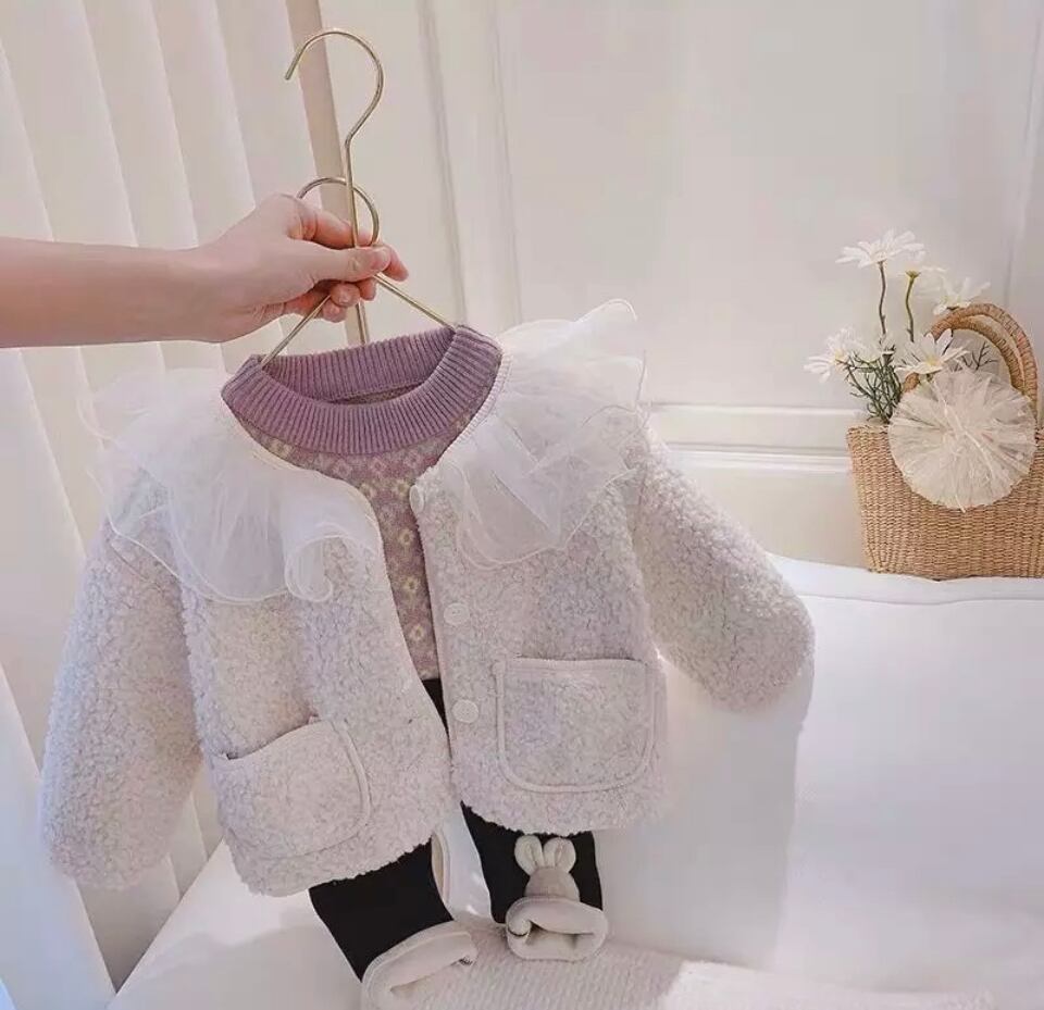 チュール襟ふわもこアウター…….海外子供服 プチプラ 韓国 カーディガン コート 女の子