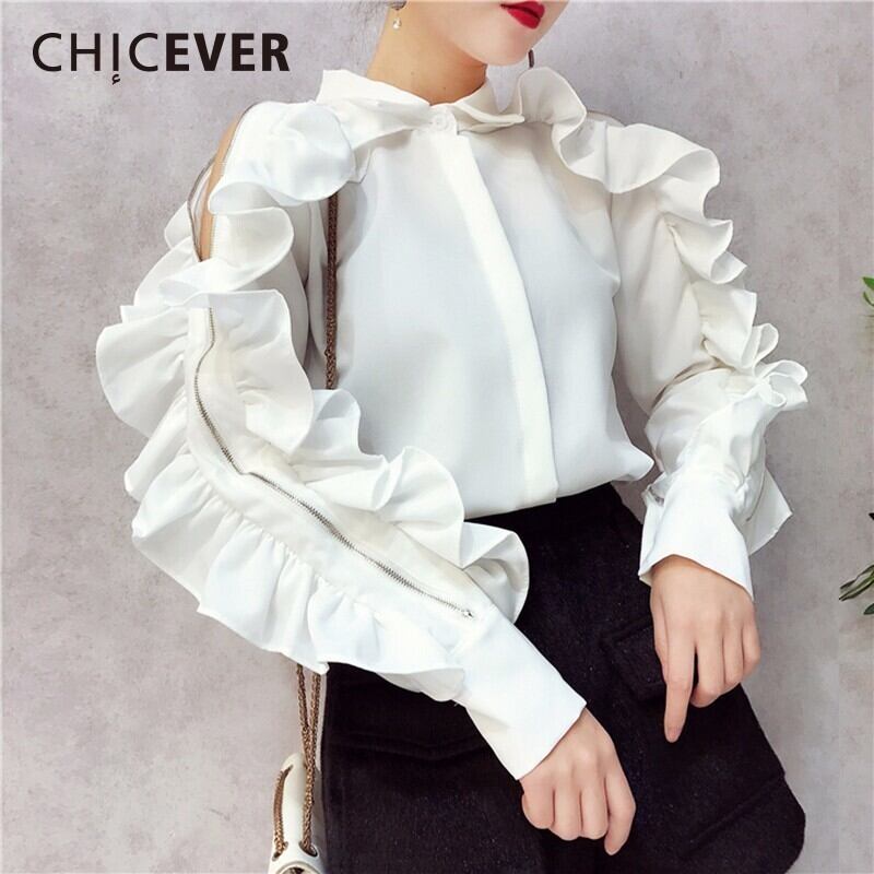 CHICEVERオフショルダーフリルTシャツレディーストップバタフライスリーブスリムジッパースプリングTシャツ服 ラッフル 春物 6base526498871182