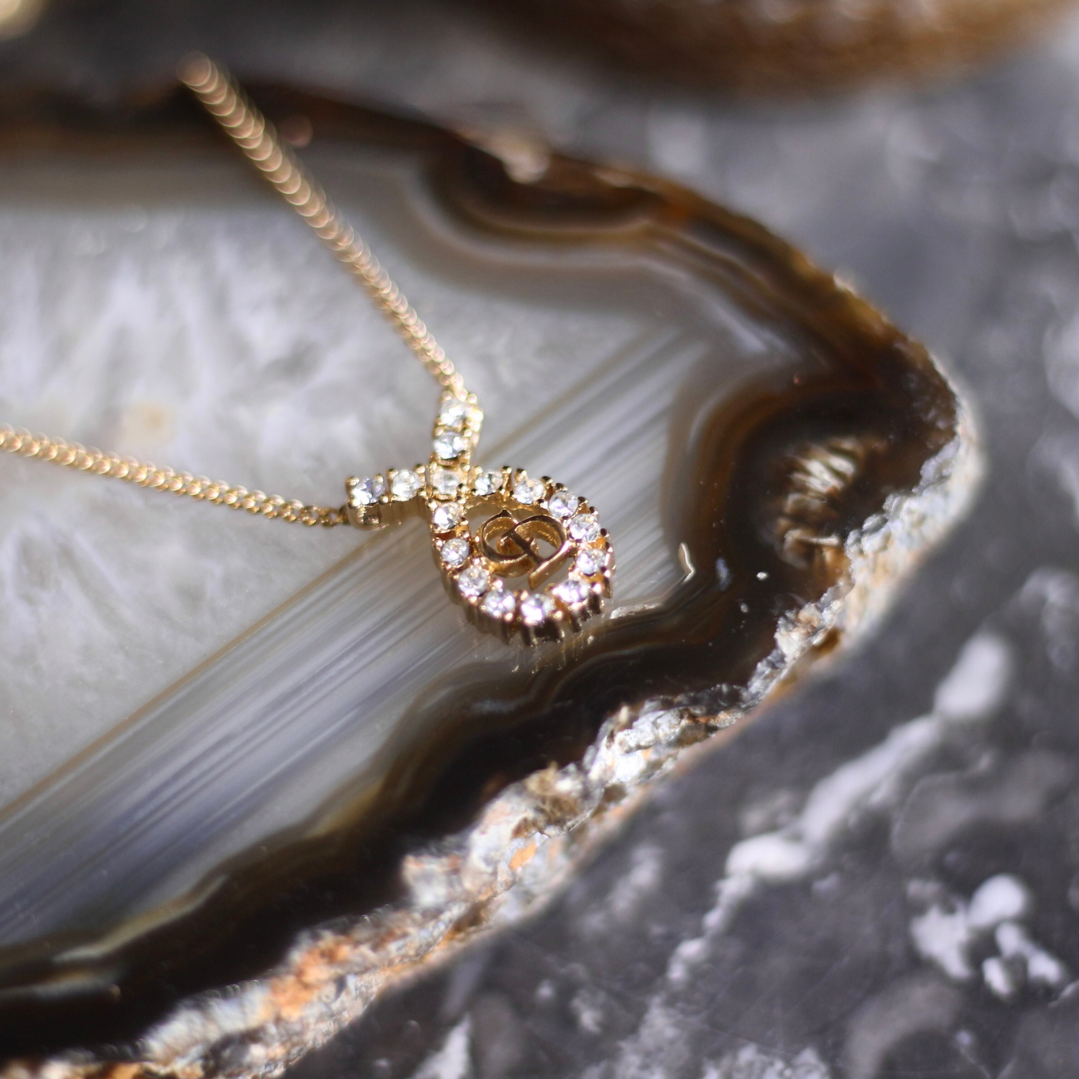 Christian Dior CLEAR STONE LOGO DESIGN GOLD CHAIN NECKLACE