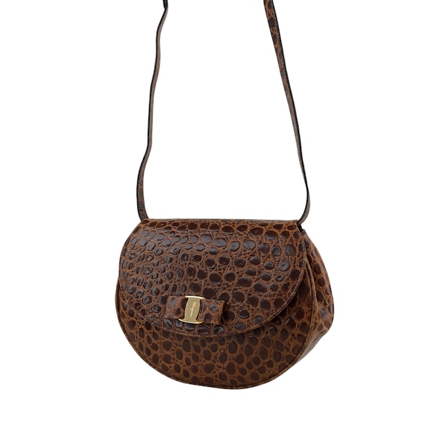 Salvatore Ferragamo サルヴァトーレ フェラガモ ショルダーバッグ ブラウン ヴァイオリン クロコ型押し vintage ヴィンテージ オールド 3nujzn