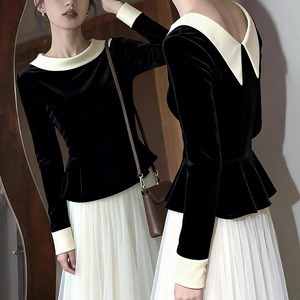 slim fit velvet contrast long sleeve top<t3068＞