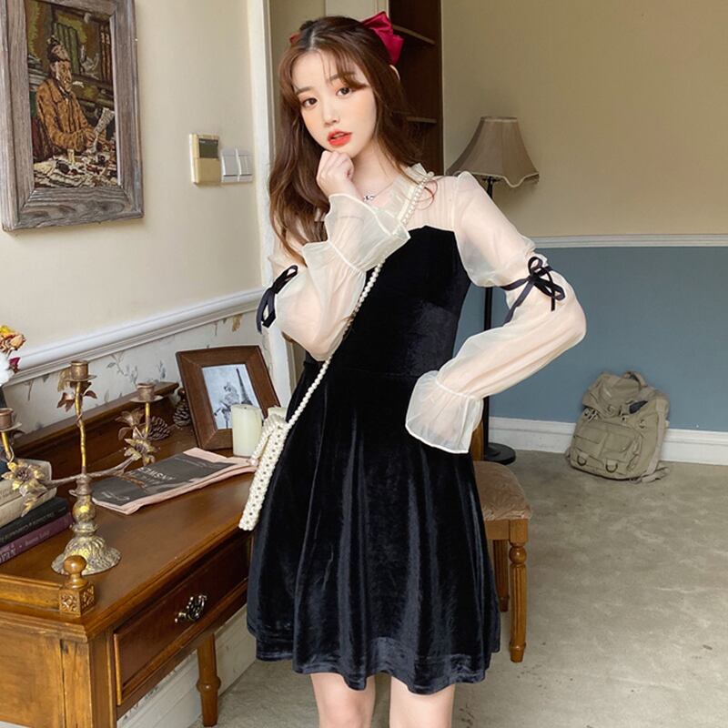 Vネックメッシュスリーブドレス スプリングリボンスカート 春物 ステッチ 萌量不足27307123200