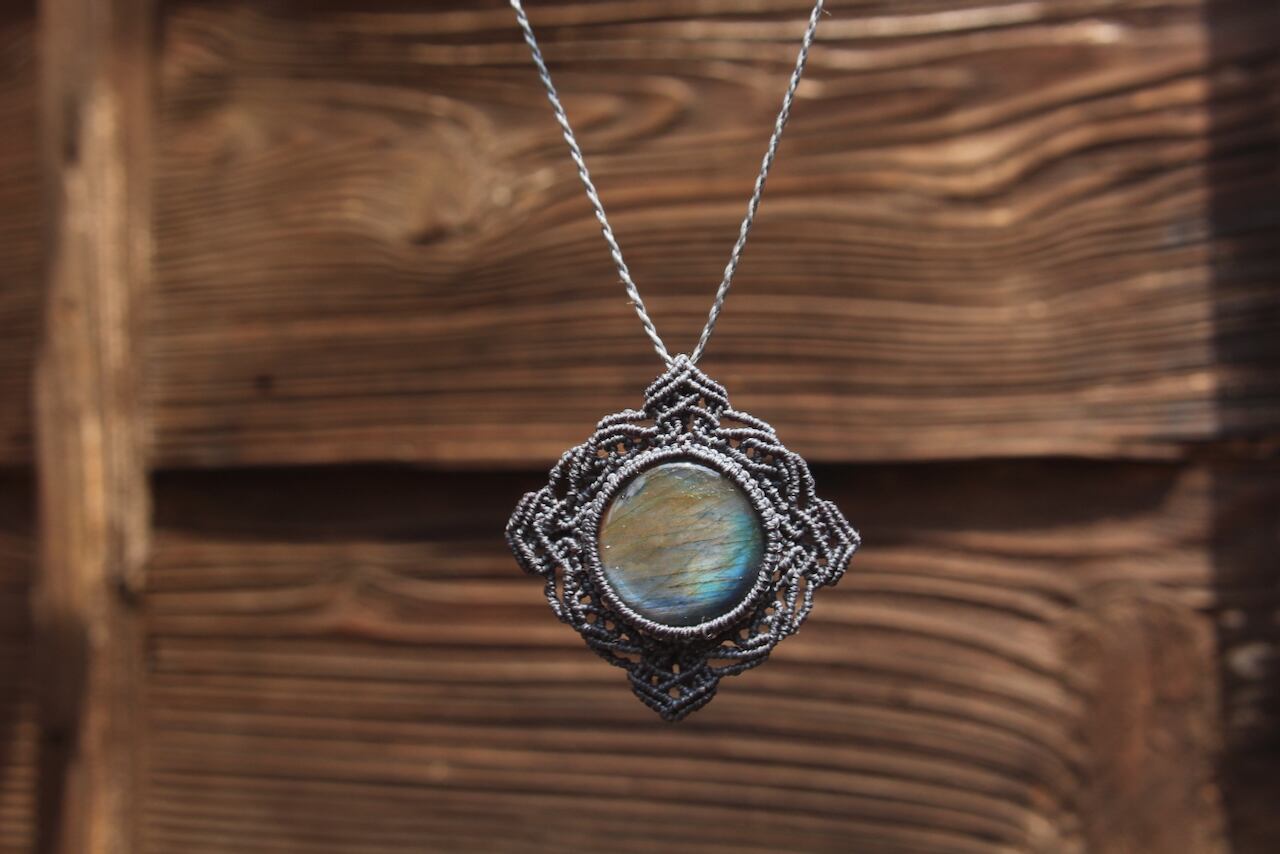 Multi color Labradorite micro macrame mandala pendant