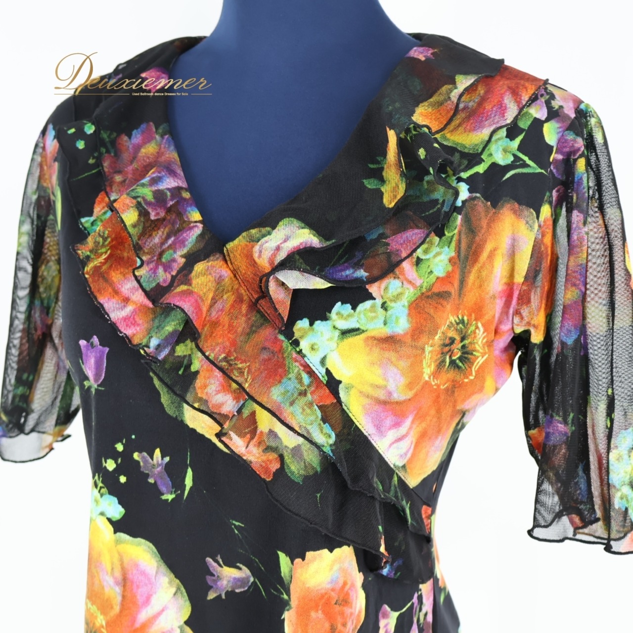 【美品 社交ダンス衣装】ブラック トップス ブラウス 黒 オレンジ 黄 青 花柄 透け感 華やか レッスン 練習着 フリル かわいい