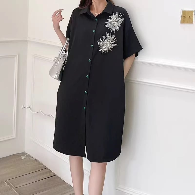 半袖 ミモレ丈 シャツカラー シャツワンピース 2color BL0590