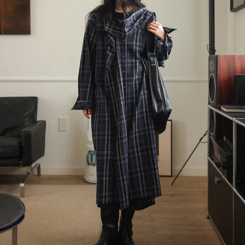 frill check shirt one-piece　J00459