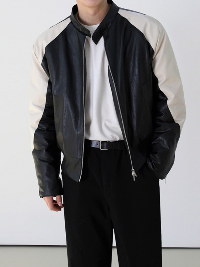 レトロPUジャケット｜バイカラーデザイン｜韓国クリーンストリート m0049