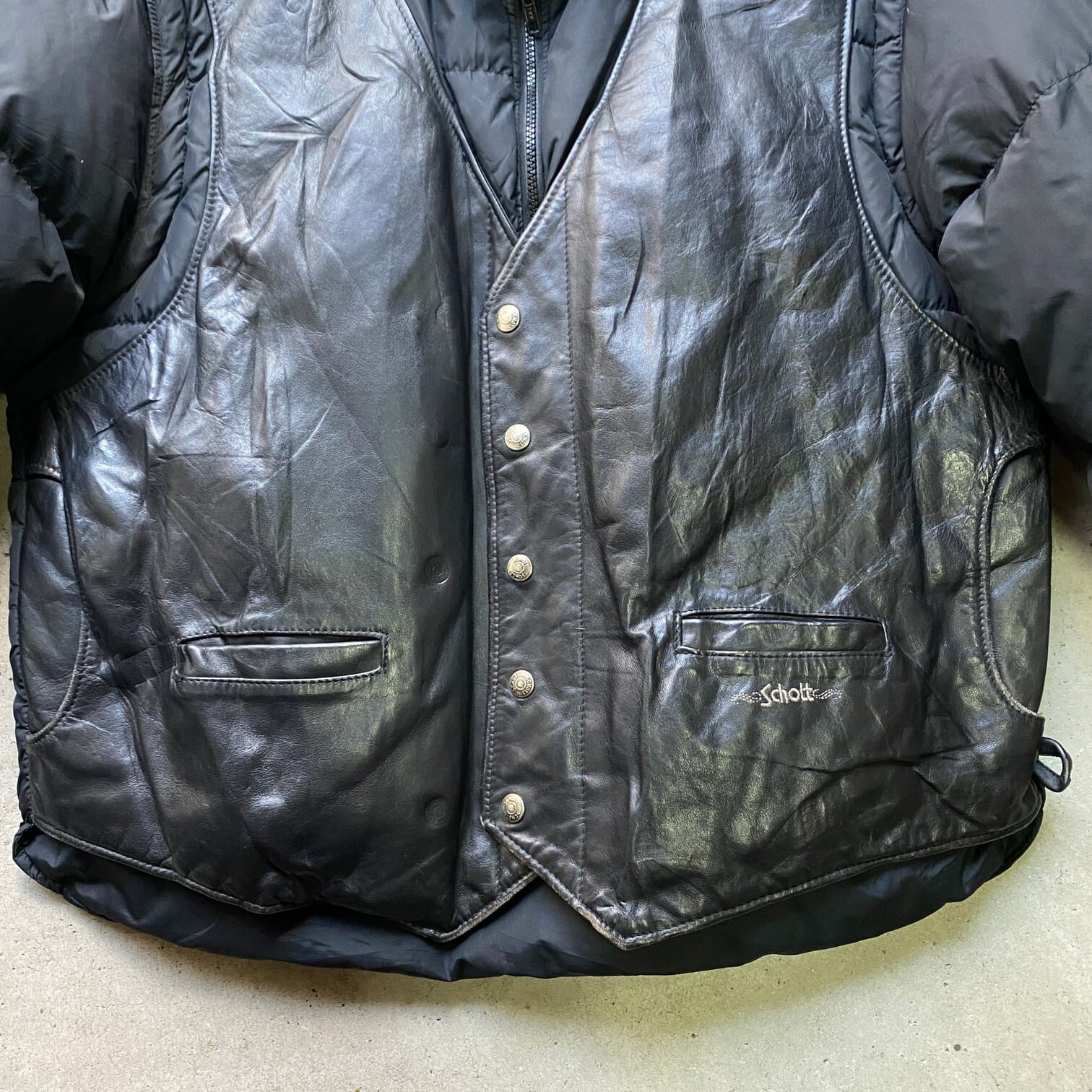 ★新品 Schott ショット ダウンベスト チェック柄 山羊革 フェザー L