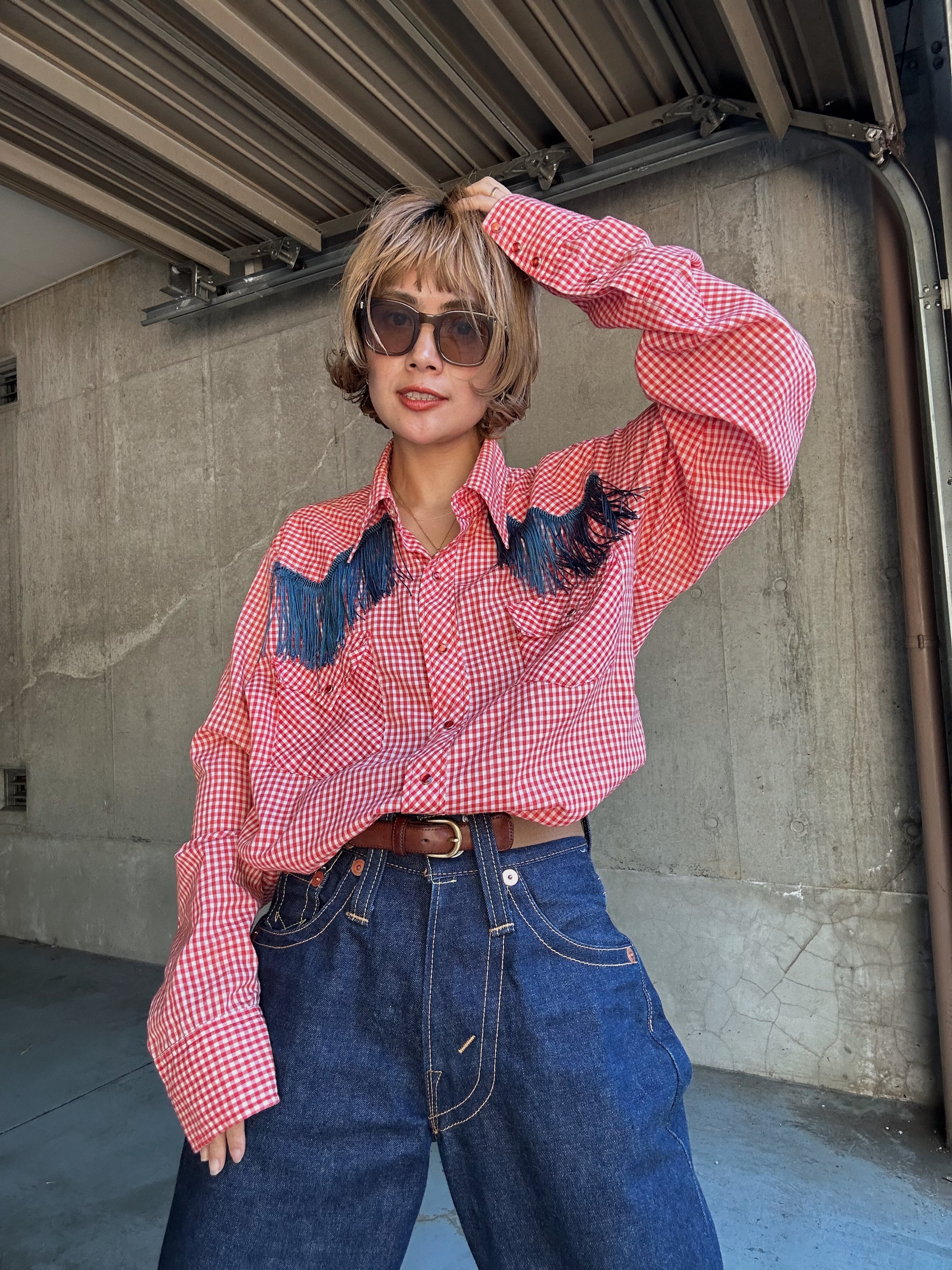 (SH1134)gingham check fringe western shirt made in USA