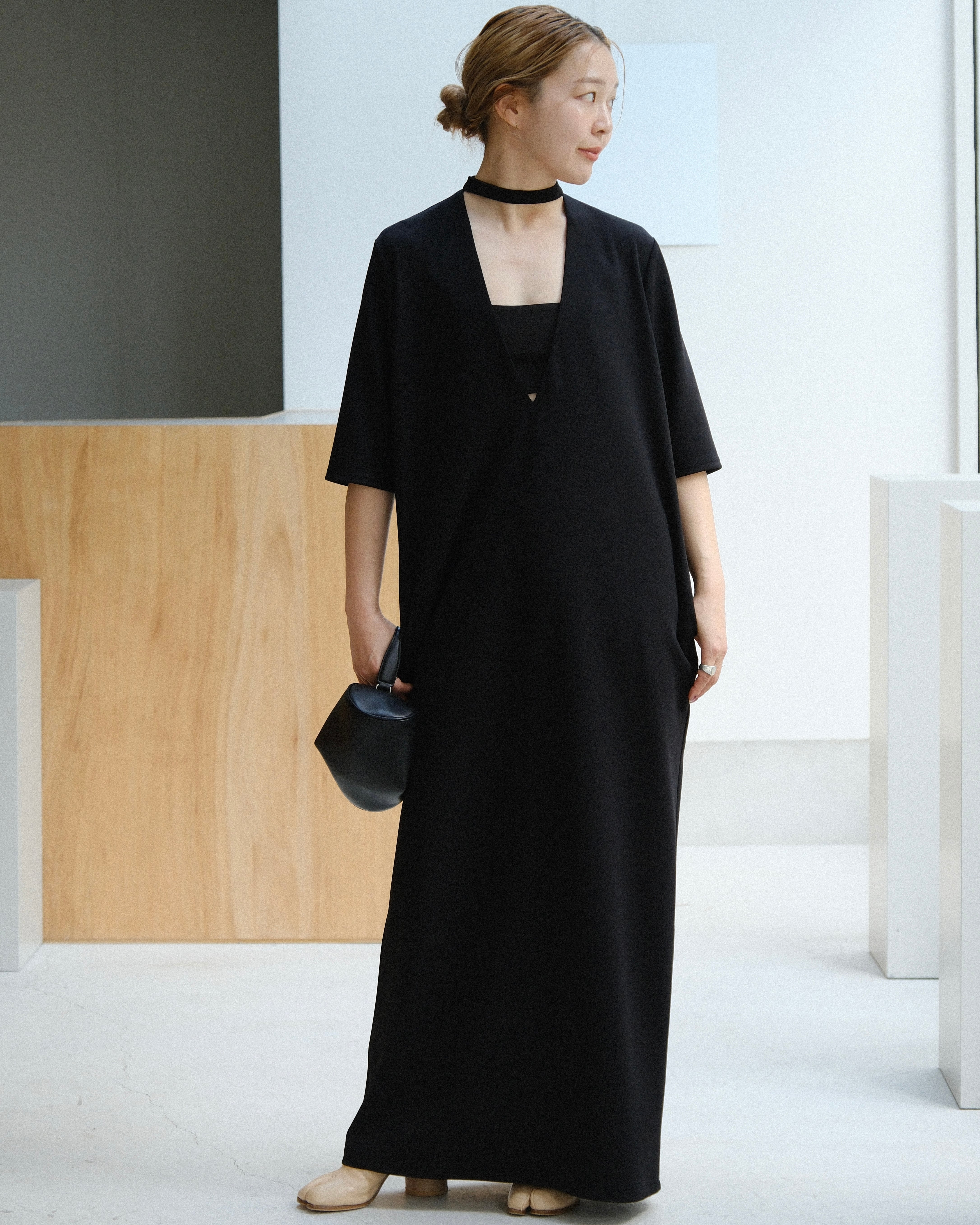 【pkpk 】aere アエレ チョーカー付き Vネック ロングワンピース bowtie V-neck one-piece -made in japan- | aéré