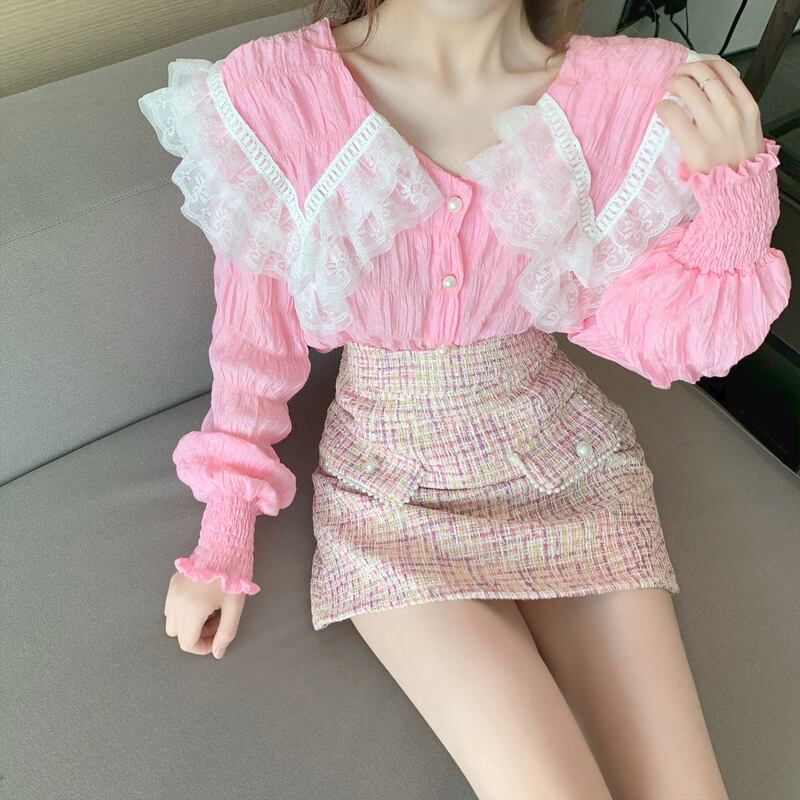 ピンクのレースショールドールカラーシャツレディース秋の長袖シャツジャケットデザインニッチな外見感トップス着用 ブラックストロベリース26294843927