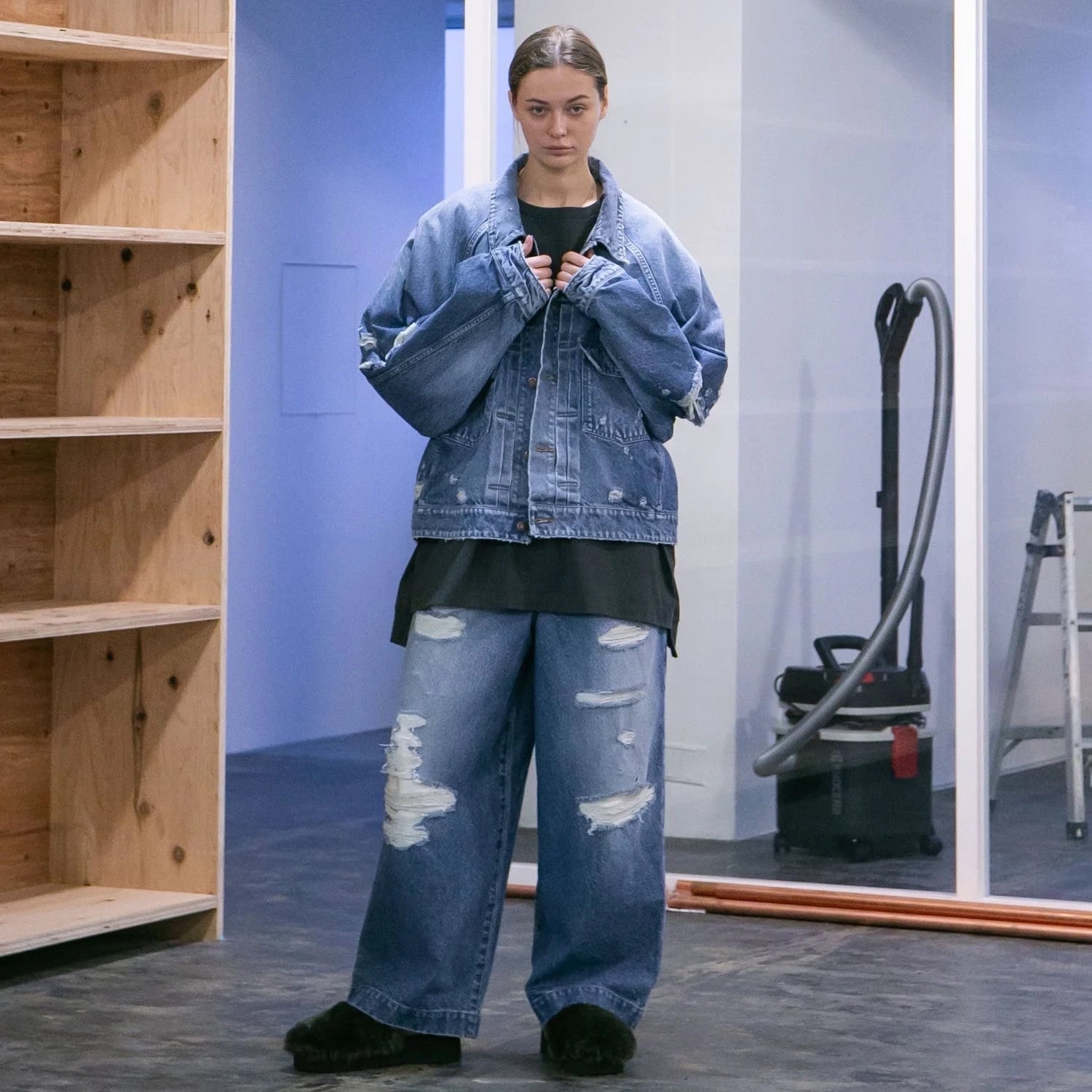 my beautiful landlet RIPPED DENIM RAGLAN BIG JACKET BLUE | nua