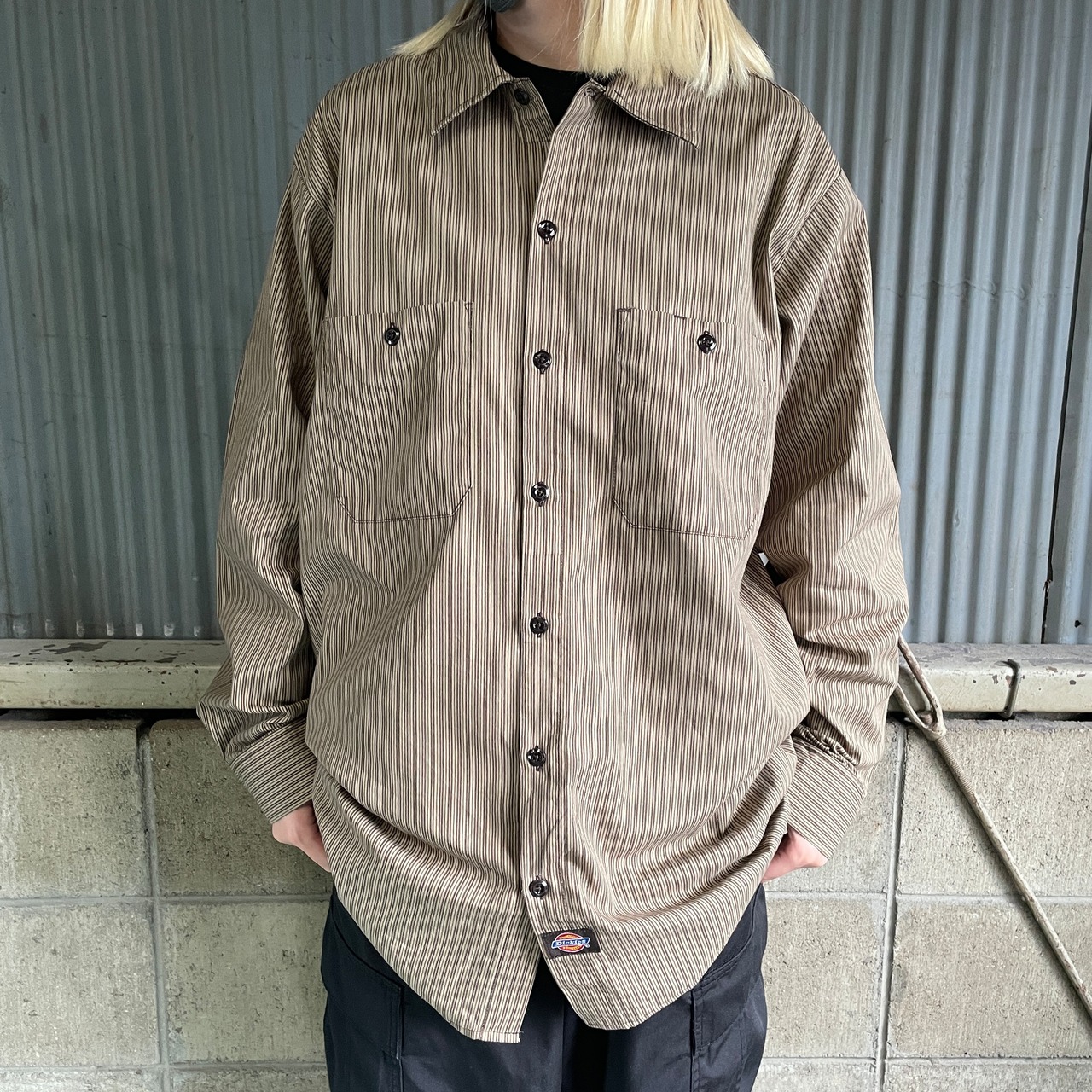 Dickies ディッキーズ ストライプ柄 コットン 長袖シャツ メンズL 古着 