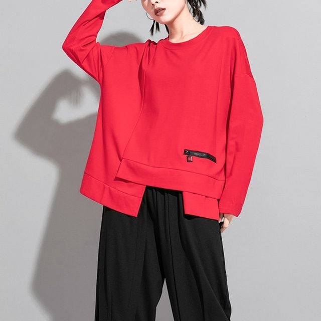 ASYMMETRIC ZIPPER LOOSE LONG SLEEVE TOP M-18185