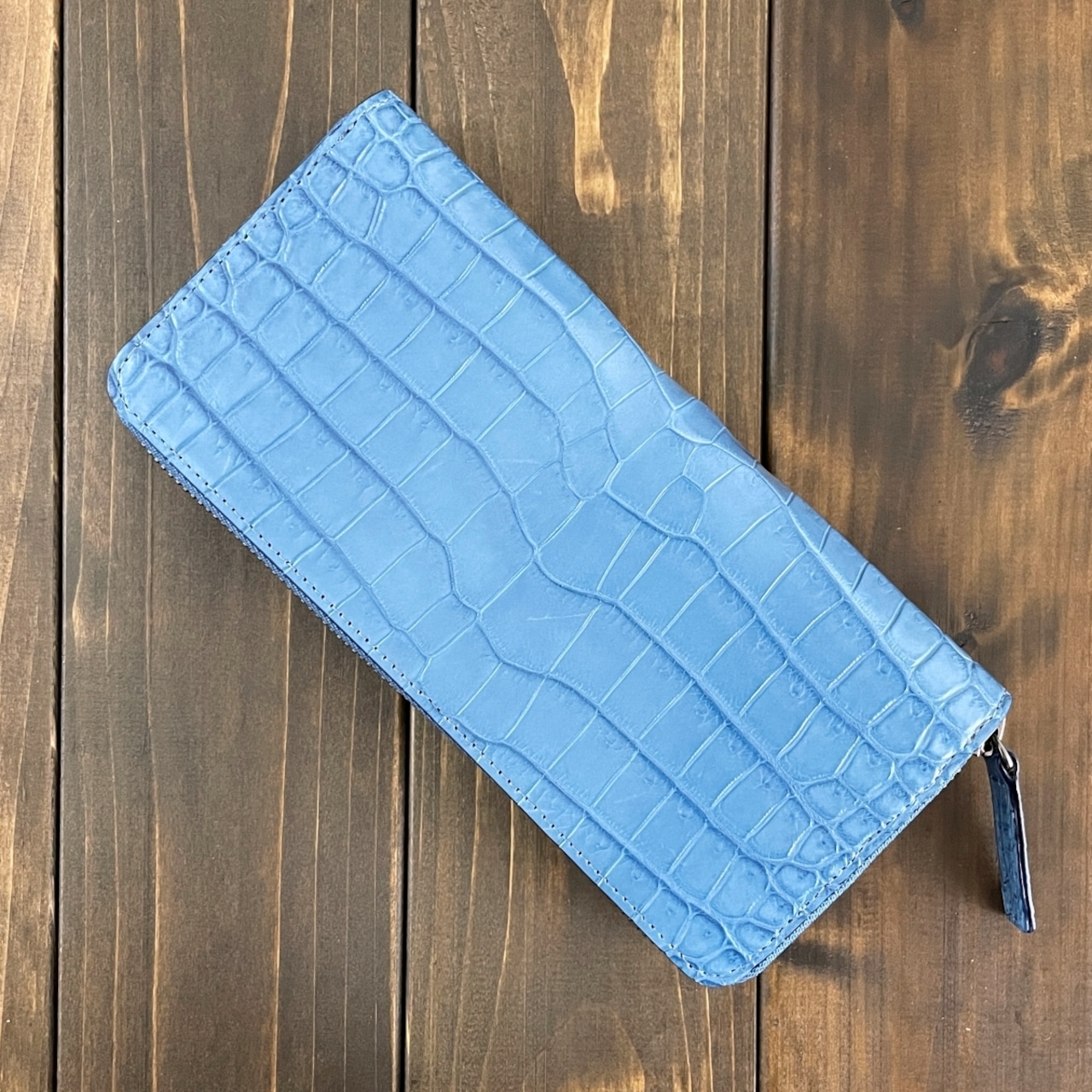 藍染 クロコダイル 長財布 淡藍