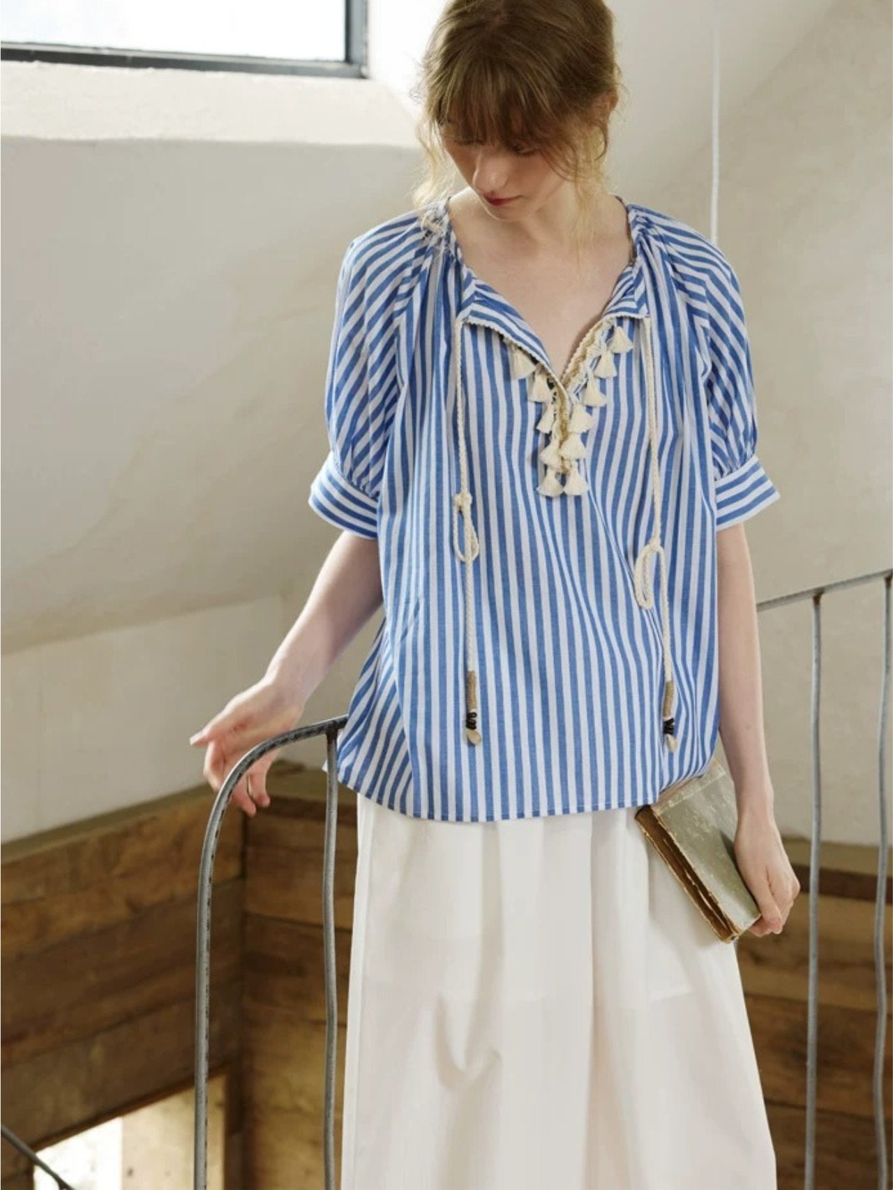 Volets Bleus Stripe Tassel Blouse F0744