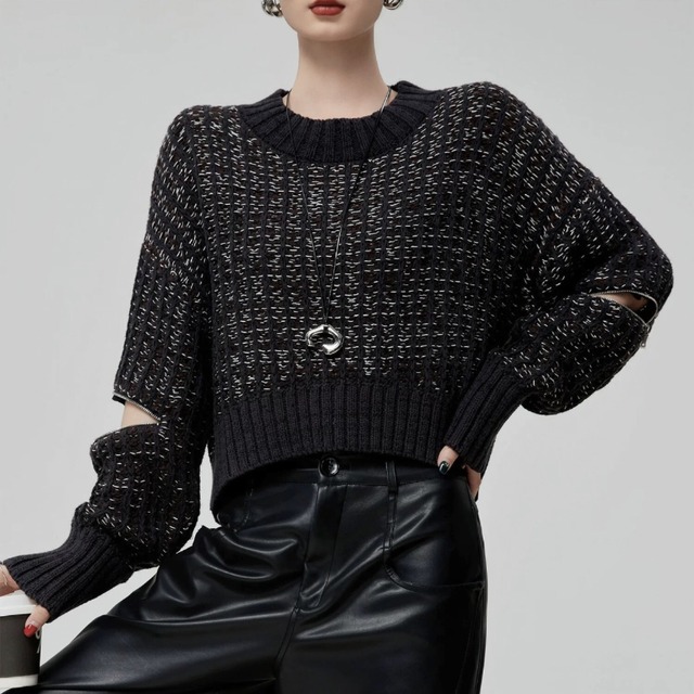 Zip slit sleeve textured knit C1413