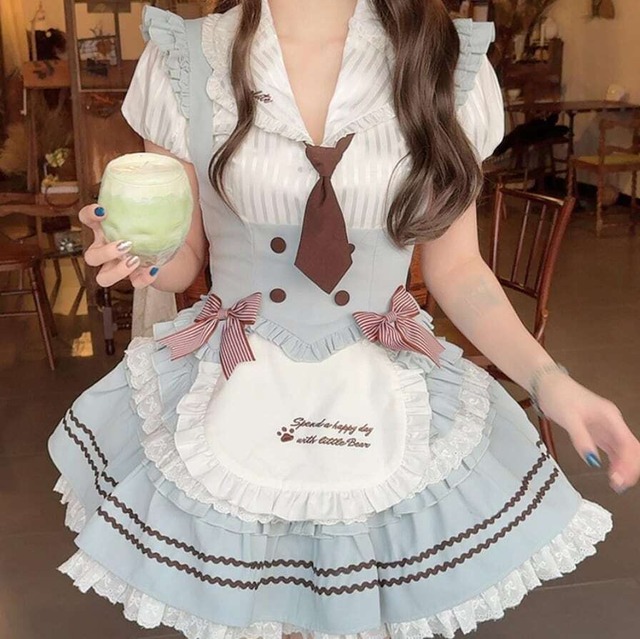 【S-XL】全3カラー　ネクタイ付きストライプメイド服　kos45★