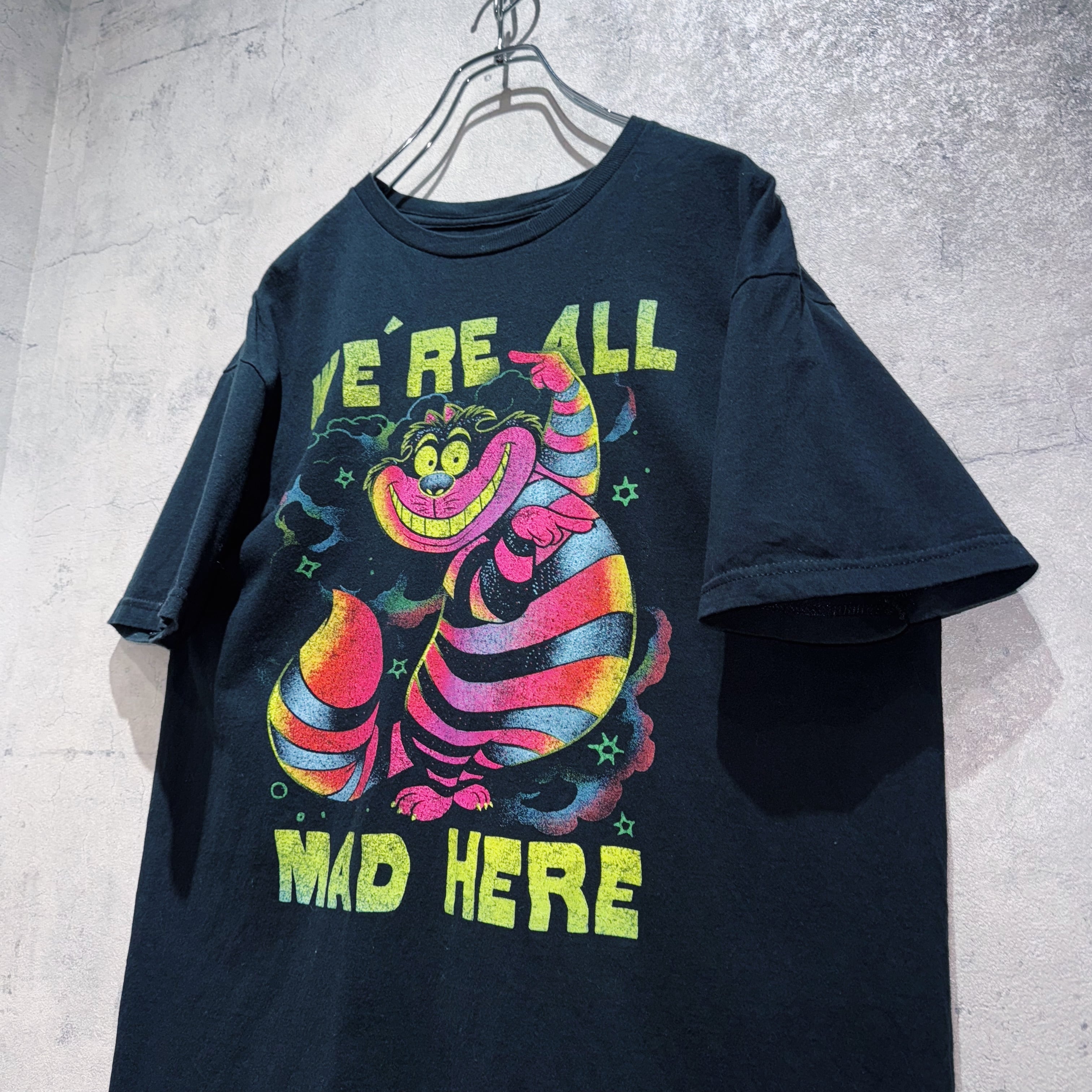 チェシャ猫　tシャツ　andazia　Ｌ 90's ANDAZIA 不思議の国のアリス ''チェシャ猫'' 両面袖プリント