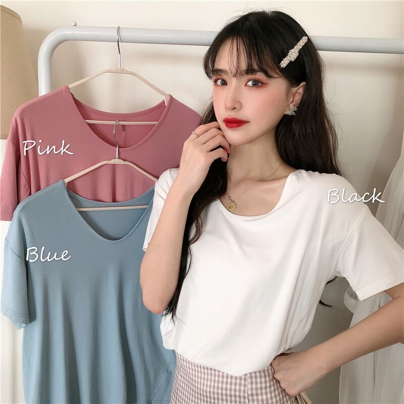 ホワイトTシャツ シャツ サマースタイルスリムVネックソリッド カラートップス 夏物 ソリッドカラー 試着室85129239691