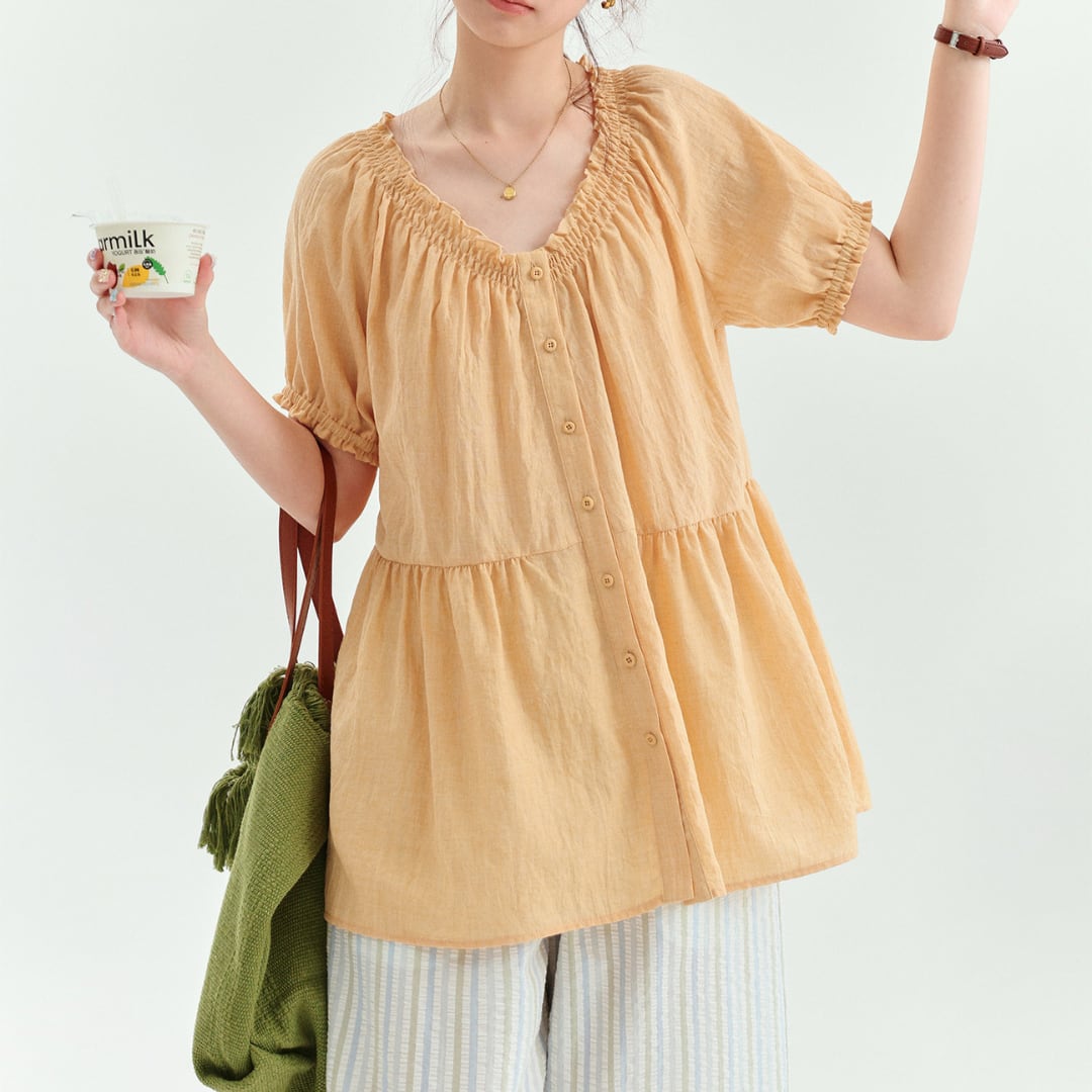 gathered neck flare blouse